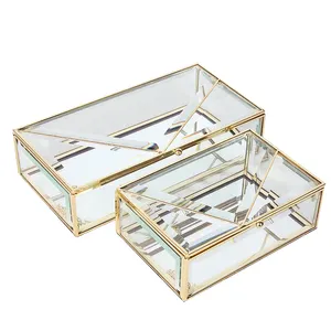 Caixa de armazenamento de cosméticos dourada, porta joias de vidro com moldura de latão