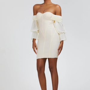 Women's Beige Bandage Fabric and Chiffon Fabric Sleeves Off-Shoulder Bodycon  Dress for Club Wear| Alibaba.com