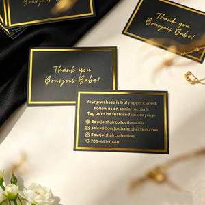 Tarjeta de agradecimiento personalizada de 10x15cm con logo en lámina dorada, impresión en cartulina negra, tarjeta de presentación para negocios de peluquería, ropa y accesorios. - Product Image 1