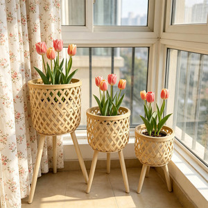 Solid Wood Rattan Flower Stand Bamboo Woven Storage Rack Living Room <b>Sofa</b> Side Table <b>Floor</b> Standing Corner Balcony Plant Pot - Product Image 2