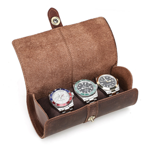 Wholesale Travel <b>Watch</b> Pouch Genuine Leather Quality Round 3 Slots Travel <b>Watch</b> Holder <b>Watch</b> Display <b>Cases</b> Roll Pouch - Product Image 1