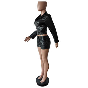 GX8619ファッション2024秋春服ブティックレディーストリートウェア長袖PUレザージャケットショーツ<span class=keywords><strong>2</strong></span>ピースセット - Product Image 5