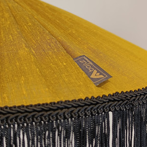 Tiffany soie sauvage Shantung in oro oliva, con frange nere, lampada a sospensione fatta a mano. - Product Image 5