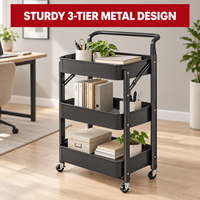 Chariot utilitaire pliable à 3 niveaux en métal, chariot de rangement mobile pliable avec roues et poignée pour la maison