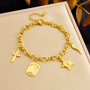Fine Charm Bracelet Gold Plated Cross Sun Starfish Pendant For Women Everyday Wear Stainless Steel Jewelry B1638 - Product Image 1