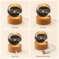 Boule de cristal du système solaire gravée au laser 3D, lampe de nuit avec base en bois de hêtre ronde USB pour la décoration de la maison, cadeau