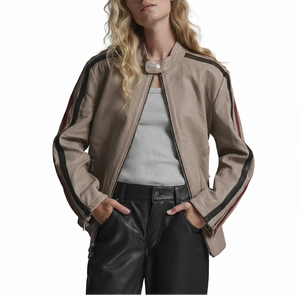 Veste de course en peau de mouton de qualité supérieure pour femmes, beige foncé, respirante, décontractée, veste d'hiver, logo personnalisable |   Cuir véritable de luxe - Product Image 3