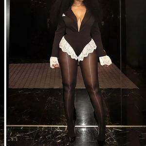 Viviblook Z0113BS01 Mono Corto Sexy para Mujer, Cuello en V, Ajustado, Manga Larga, con Encaje, Estilo Mini Traje - Product Image 2