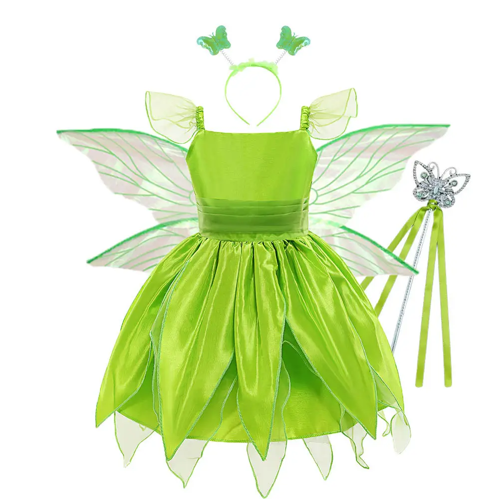 2023 Hot Sale Kids Green Fairy Dress Tinkerbell Princesa Halloween Trajes para Meninas