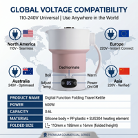 Bouilloire électrique pliable 3-en-1 pour voyage, en acier inoxydable 304, compacte, pour voyages d'affaires, usage domestique, sans fil, numérique