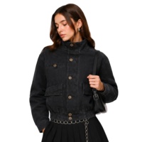 Veste en jean pour femme à col montant - Manteau utilitaire court décontracté, vêtement d'extérieur en jean de coton vintage pour l'automne