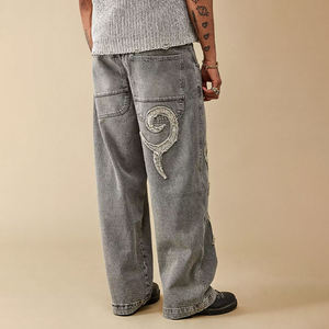 Jeans personnalisés avec logo brodé, patchwork, gris délavé, coupe droite ample, style hip-hop streetwear, pour hommes - Product Image 2