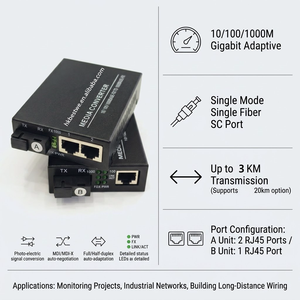 Convertisseur de média fibre optique Gigabit 1SC vers 2RJ45 + 1SC vers 1RJ45 Monomode Simplex SC 10/100/1000Mbps 3KM Paire A/B - Product Image 1