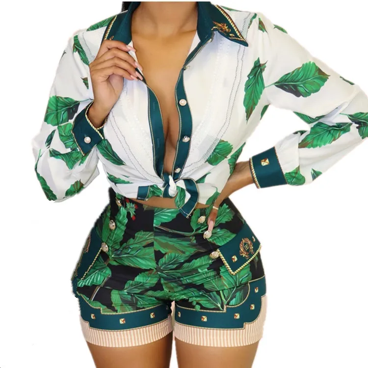 2022 new arrivals womens clothing Green Printed Long Sleeve Top and Shorts Casual two piece set