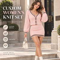 Ensemble tricoté personnalisé pour femmes, haut à col en V à manches longues et jupe mini, tenue en 2 pièces pour un usage quotidien décontracté