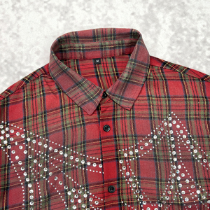 Vintage acide lavage Plaid hommes boutonné surdimensionné T-Shirt Logo personnalisé Streetwear flanelle strass hommes chemises à manches longues - Product Image 5