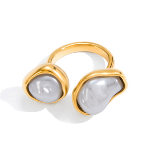 Pearl Ring 18K Gold Stainless Steel Baroque Style Asymmetrical Open Design Unisex Everyday Wear - Product Image 5