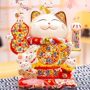 Japanese Lucky Cat Wholesale 10" White Ceramic beckoning cat Maneki Neko with Waving Arm Ornately Decorated Porcelain
