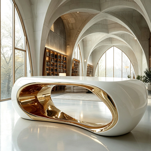 Tavolino da Caffè Curvo in Fibra di Vetro con Cornice Bianca Lucida e Dettagli Oro per Interni di Casa Contemporanea di Alta Gamma - Product Image 5