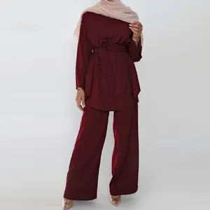 2022 High Quality Pure Color Two Pieces Set Simple Blouse And Loose Wide Leg Pant Office Fashion Sets Muslim Modest Abaya Sets