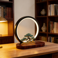 Lampe de bureau LED en aluminium de style chinois avec ornement circulaire en pin, chargeur sans fil, logo personnalisable, lumière blanc chaud à intensité variable