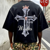 T-shirts vierges pour hommes Gravvi de haute qualité, ornés de strass, à ourlet brut délavé, coupe ample et oversize, pour personnalisation DTF de logo