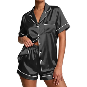 Pigiama da donna in raso all'ingrosso, set con maniche corte, colletto risvoltato, pantaloncini elasticizzati e bordo a contrasto, completo da <span class=keywords><strong>notte</strong></span> in seta per donna - Product Image 4