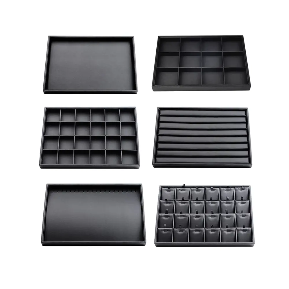 SESI Custom Luxury Black Leather Jewelry Tray 35 Cm Stackable Bracelet Necklace Ring Display Tray For Jewelry Showcase