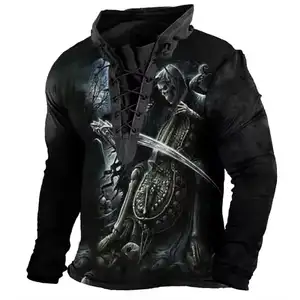 New Arrival Vintage Hooded Pullover With Pocket Knight Templar Prints Sport Sweater Lace Up Pullover Hoodie Casual Basic Blouse