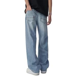 Jeans délavés sur mesure en coton de haute qualité pour hommes, pantalon décontracté tendance, coupe droite, ample, bleu clair, pantalon en denim pour hommes - Product Image 4