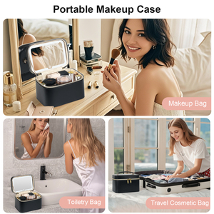 Étui de maquillage professionnel noir avec miroir LED Organisateur de cosmétiques en <span class=keywords><strong>cuir</strong></span> imperméable Porte-balais à lumière 3 couleurs - Product Image 6