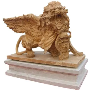Par de estatua de León de piedra caliza de jardín grande con alas grandes a la venta