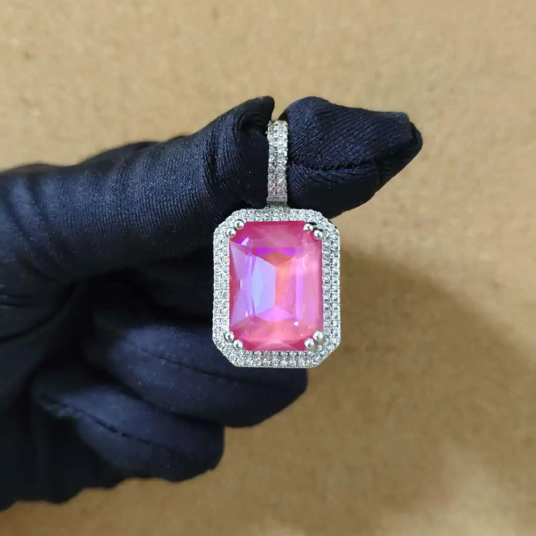 Hip Hop Iced Out Pink Green Red Agate Jade Mocha Fluorescent Ruby Square Rectangle Gemstone Pendant CZ Rapper Jewelry