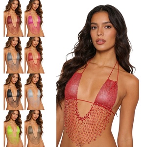 Top Corto Halter con Pedrería para Mujer, con Flecos y Cuentas, Malla, para Baile Latino, Salsa, Festival, Rave, Disfraz de Escenario, Personalizado - Product Image 1