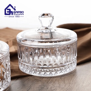 Vendita calda Stock di vetro ciotola con coperchio per merenda zucchero di noci <span class=keywords><strong>Vintage</strong></span> di alta qualità impilabile incisione vetro barattolo di caramelle Set - Product Image 6