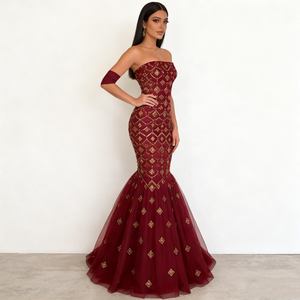 Abiti da Donna <span class=keywords><strong>Bordeaux</strong></span> Senza Spalline con Motivo a Diamante Dorato, Stile Sirena con Strascico in Tulle, Elegante Abito da Sera Formale Aderente in Vita - Product Image 2