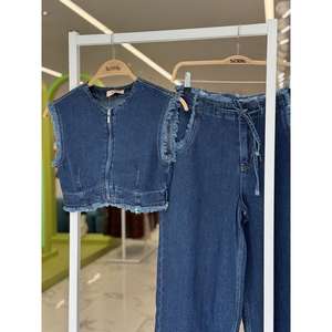 Conjunto de Mezclilla Sobe, Top Corto sin Mangas con Dobladillo Deshilachado, Pantalones de Mezclilla de Moda 100% Algodón para Mujer, Conjunto Combinado 10225 - Product Image 1