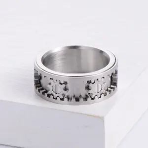 Wholesale Design Jewelry Punk Smooth Plain Ring for Men Silver Plated 316L Stainless Steel Spin Gear Finger Ring