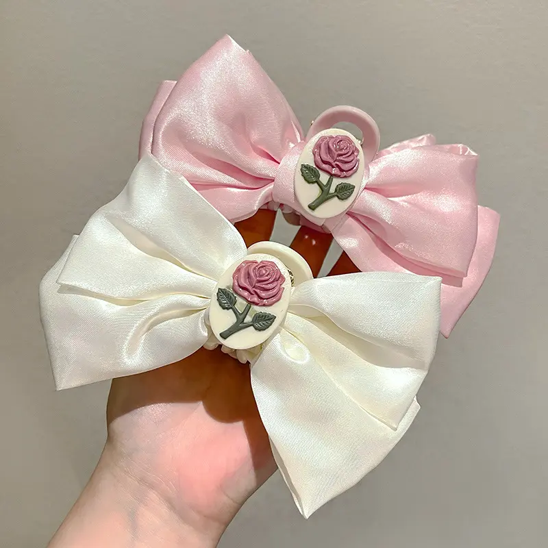 Sweet Girls Decorative Satin Double Bow Hair Claw Clip Rose Flower Plastic Hair Clamp Spring Summer Women Accessories
