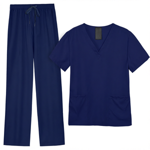 Ensemble de blouses médicales bleu marine pour femmes, haut à col en V avec poches et pantalon à cordon, uniforme d'hôpital, tissu polyester tissé - Product Image 1