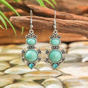 Pendientes Colgantes de Aleación de Bisutería de Moda, Chapados en Plata Antigua con Turquesa Engastada, Estilo Bohemia para Mujer - Product Image 3