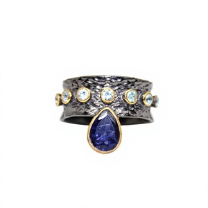 Designer Multi Stone Iolite and Blue Topaz Gold Plated 925 Sterling Silver Black Rhodium <b>Ring</b> - Product Image 1