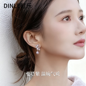 Dinle Pearl <b>Stud</b> Earrings S925 <b>Silver</b> Zircon Flower Design Everyday Wear - Product Image 5