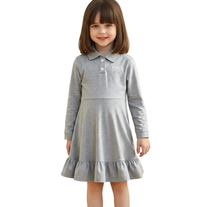 Girls Gray <b>Long</b> Sleeve Polo Dress with Ruffle Hem Embroidered Logo A-Line Knitted 100% Cotton Knee-Length Casual Style - Product Image 3