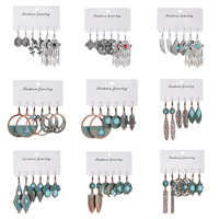 Ensemble de boucles d'oreilles pendantes vintage bohèmes turquoise, plaqué argent, style ethnique gitan tribal, avec plumes, cadeau de mariage pour femme