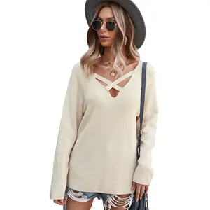 2022 Elegant Sweater Autumn Winter Long Sleeve V-neck Sweater Sexy Blouse Loose With Long Dress Knit Sweater For Women