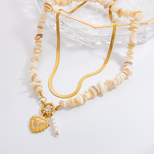 Collier en acier inoxydable avec pendentif cœur en pierre naturelle et perle, plaqué or 18 carats, chaîne de clavicule, bijoux de mode pour femmes - Product Image 3