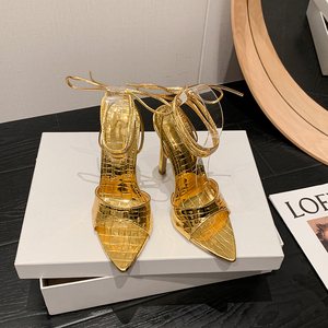Hot Sale New Women's Shoes 2024 Sexy High-heeled Shoes Thin Heel Gold, Silver Pattern Sandals - Product Image 3