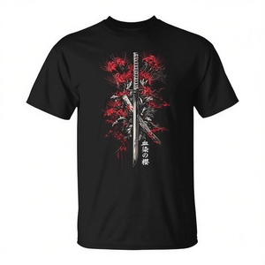 T-shirt promotionnel Otaku d'anime japonais avec motif de fleur de lys araignée rouge et katana samouraï - Product Image 2