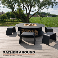 Table de foyer ronde autoportante, foyer extérieur à bois avec rangement pour bûches et tabourets, pièce maîtresse pour patio, jardin ou terrasse
